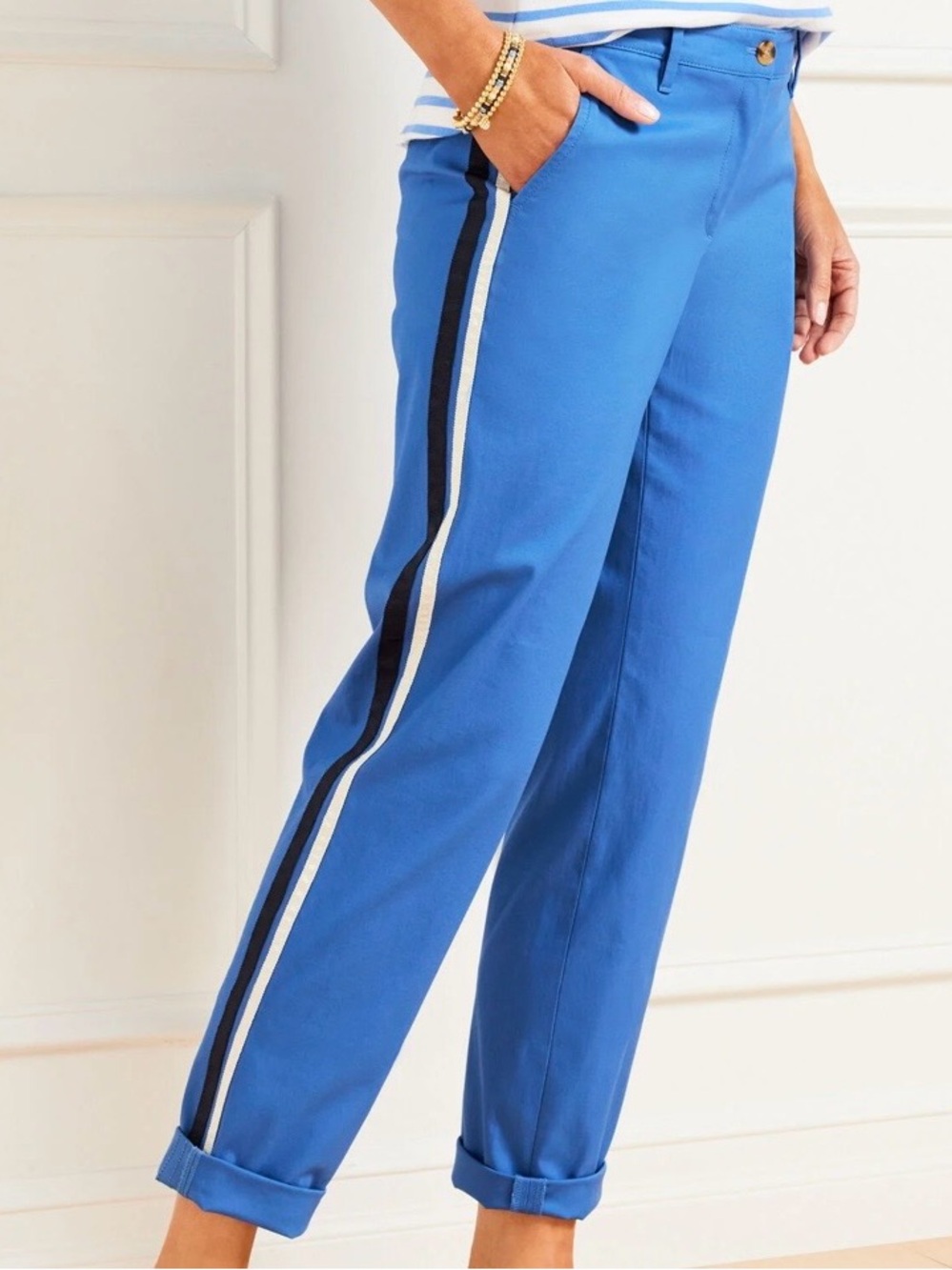 Talbots Blue Relaxed Chinos with Side Stripes Cuffed Ankle Pants Size 16 Preppy